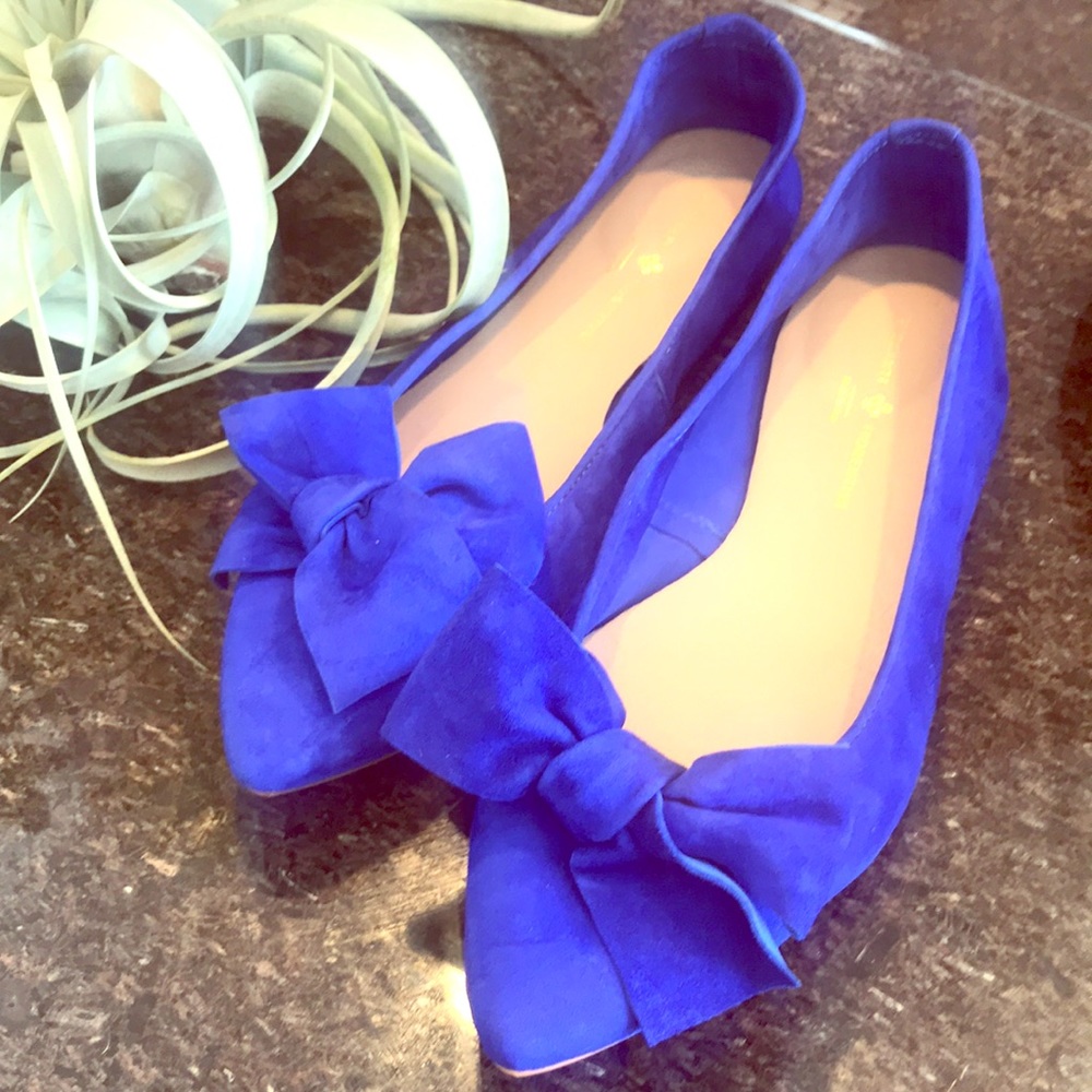 Blue soft suede leather flats with bow